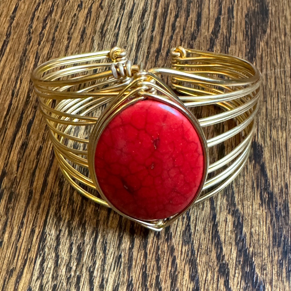 Gold Cuff Bracelet with Red Stone